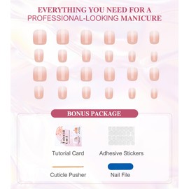 Press on Nails Short - Aegenacess 24pcs Ombre Press On Nails, Square Stick On Nails, French Glue On Nails with Jelly Sticker, 24pcs Fake Nails Kit in 12 Sizes