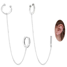 Crystal Hoop Ear Cuff Earrings - Sterling Silver Hypoallergenic Cubic Zirconia Ear Cuff Earrings Chain Round CZ Huggie Earrings Cartilage Earrings Gift for Women