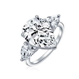 Bridal Wedding 7CT AAA CZ Pear Shaped Brilliant Cut Solitaire Teardrop Statement Engagement Ring For Women Thin Band .925 Sterling Silver Cubic Zirconia Trillion Side Stones
