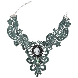 Smiffys Femme Fatale Gothic Lace Choker with Cameo Brooch and Faux Pearls (Green)