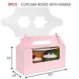 VGOODALL 9PCS Cupcake Boxes with Window, Cupcake Containers Cupcake Carriers with Insert Handle Holding 2 Cupcakes for Birthday Party Wedding Pink