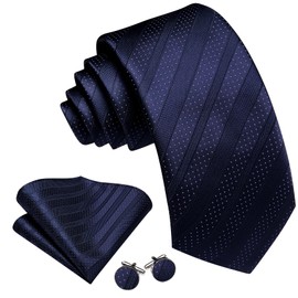Barry.Wang Men's Tie Set Silk Business Stripes Plaid Tie Set with Handkerchief Cufflink for Wedding Formal, blue striped