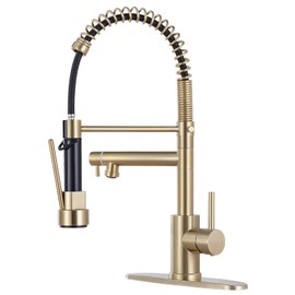 Qomolangma Brushed Gold Commerical Kitchen Faucet with Pull Down Sprayer, Champaign Gold Single Handle 2 Spout Spring Kitchen Sink Faucet with Lock, with Deck Plate