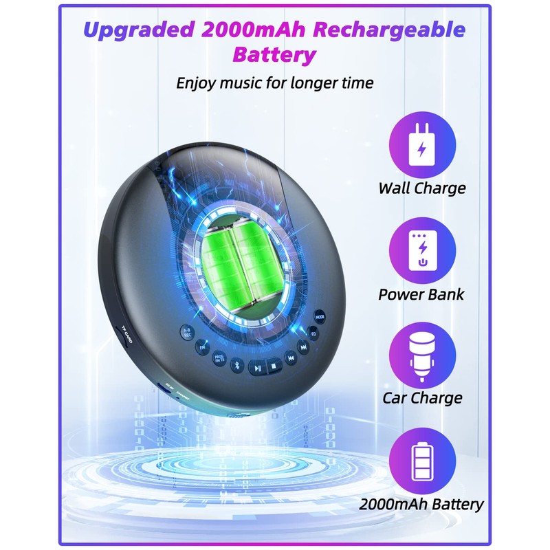 ARAFUNA Portable CD Player Bluetooth with FM Radio, 2000mAh Rechargeable