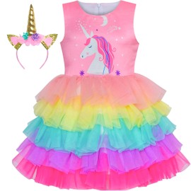 Sunny Fashion Girls Dress Unicorn Rainbow Colorful Tiered Layers Costume Headband Size 4