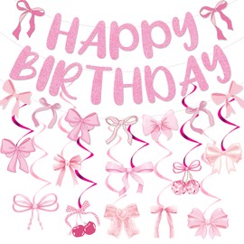 Eiapadeor Pink Bow Birthday Decorations - 13PCS Glitter Bow Party Decorations Pink Happy Birthday Banner Hanging Swirls Coquete Bday Shower Party Decor Supplies for Girls Women