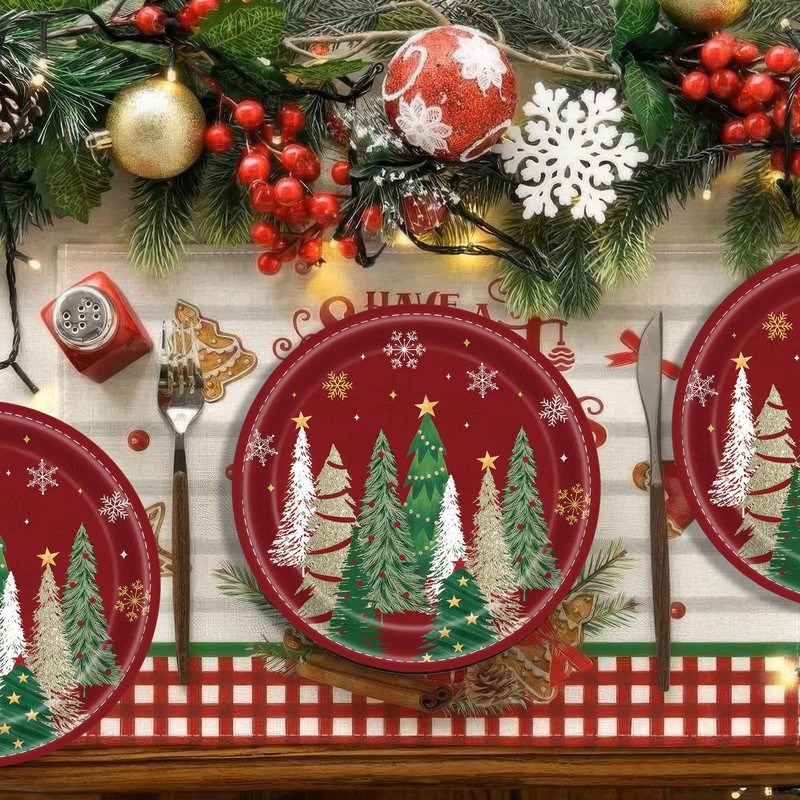 24 Pcs Christmas Paper Plates Red Green Merry Christmas Snowflake