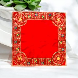 Garden Of Arts Swastik Design Red Velvet Pooja Aasan Cloth/Pooja Aasan Kapda/Embroidered Puja Chowki Cloth for Home Mandir, Temple, God & Goddess Assan (Size: 15" X 15" Inch) (Pack of 2)