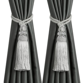 HedongHexi Curtain Tiebacks with Tassel, Outdoor Elegant Decorative Curtain Holdback,Modern Rope Window Curtain Ties Backs for Draperies with Hooks 2 Pack (2, Silver)