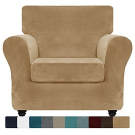 ZNSAYOTX Luxury Velvet Chair Slipcovers with Arms 2 Piece Stretch Chair Covers for Living Room Thick Soft Armchair Slipcover Anti Slip Dog Pet Friendly Furnitre Protector (Camel, Chair)