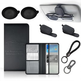 New Car Basics Interior Accessories Set Pack for Women & Men, Teens, Registration Holder with Magnetic Closure, Sunglasses Clips, Silicone Cup Coasters, Keychain, Vehicle License Document Organizer