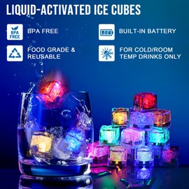 Light Up Ice Cubes, 24 Pack Multi Color Led Ice Cubes for Drinks Glow in The Dark Ice Cubes, Reusable Glowing Flashing Ice Cube for Club Bar Party Wedding Decor, IP67 Waterproof
