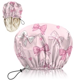 Deokke Luxury Shower Cap Silk Satin Lined Waterproof Reusable Adjustable Elastic Dry Hair Bathing Caps Cute for Women Girls-Pink Bowknot