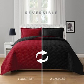 Elegant Comfort 3-Piece Quilted Reversible Bedspread Coverlet Set with Pillow Shams, Exquisite Majestic Stitching All Season Heavy Weight - Ultra Soft Premium Quilt- Queen, Black/Burgundy