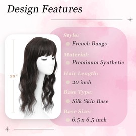 Hair Topper, 360° 3D Hair Toppers for Women with Thinning Crown, 20 Inch Long Wavy Curly Hair Pieces Clip in Bangs (Brown Black, 20 inch, French Bangs)