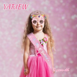 YARIEW 8th Birthday Decorations for Girls, 8th Glitter Sash and Crown Kit with Happy Birthday Sunglasses, Tiara Princess Crown and Sash Party Outfit Accessory
