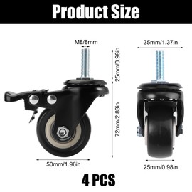 Pack of 4 Swivel Castors for Furniture, Wheels with Thread M8 x 25 mm, Furniture Castors with Brake, 360° Rotatable, Quiet, Non-Slip Swivel Castors, Fixed Castors, Furniture Castors, Black Heavy Duty