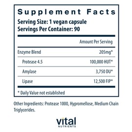 Vital Nutrients Vegan Pancreatic Enzymes - for Women & Men - Enzymes for Digestion Support Gut Health - Relief from Gas & Bloating - Gluten, Dairy, Soy Free - 90 Capsules