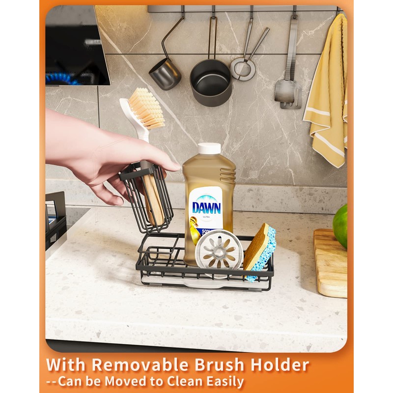 SWTYMIKI Kitchen Sink Caddy, Detachable Dish Brush Holder+Drain Tray, Sponge