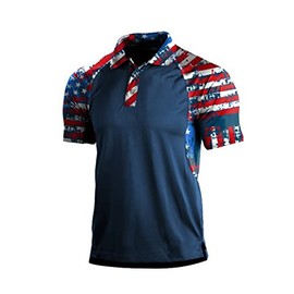 H HYFOL Short Sleeve Polo Shirts for Men Star Patchwork Graphic Stretch Casual American Patriotic Raglan Golf Polos for Men(Blue,XL)