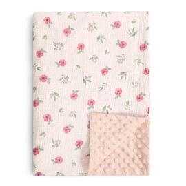david's kids Muslin Minky Baby Blanket for Girls with Muslin Cotton Front and Dotted Fleece Backing, Breathable and Soft Lightweight Receiving Blanket for Newborns, 30x40 Inches, Pink Floral