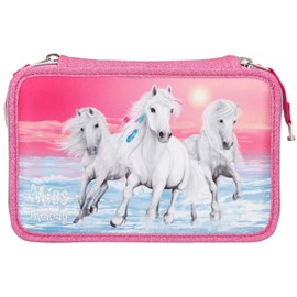 Depesche 10110 Miss Melody - Filled 3-compartment pencil case with horse motif, pencil case approx. 7.5 x 13 x 20 cm, with felt and coloured pencils, ruler, scissors, glue, etc.