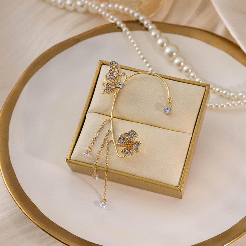 2Pcs Rhinestone Butterfly Ear Cuff for Women,Dainty Non Piercing Flower
