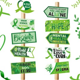 Trandraft 20 Pcs Mental Health Awareness Signs Green Ribbon Party Directional Sign Hope Faith Strength Inspiring Paper Mental Health Awareness Decorations Photo Prop for Mental Health Party Supplies
