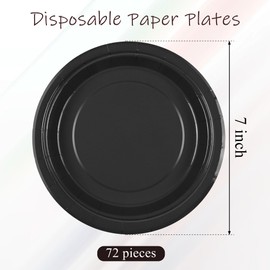 Breroa - 72 platos de papel negro de 7 pulgadas, platos de postre redondos desechables, platos de papel de color sólido, resistentes para decoración de mesa, suministros de fiesta para fiestas de