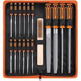 REXBETI 25Pcs Metal File Set, Premium Grade T12 Drop Forged Alloy Steel, Flat/Triangle/Half-round/Round Large File and 12pcs Needle Files with Carry Case, 6pcs Sandpaper, Brush, A Pair Working Gloves
