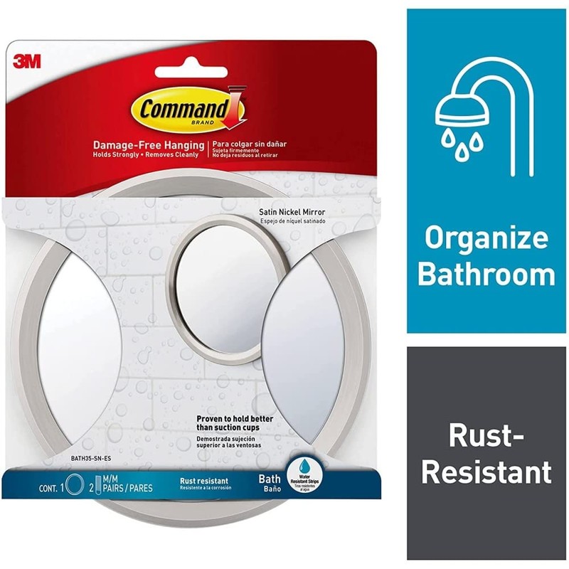 Command Bath Mirror, 2-Pack of 1 Mirror and 2 Water-Resistant