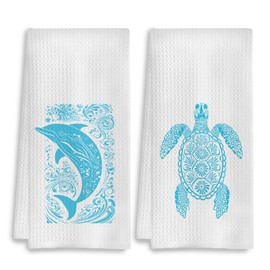 COWEB Beach Kitchen Towels Set of 2, Blue Sea Turtle Dolphin Decorative Hand Towels for Bathroom, Coastal Beach Bathroom Kitchen Decor, Summer Beach Dish Towels for Kitchen, 16x24 Inches