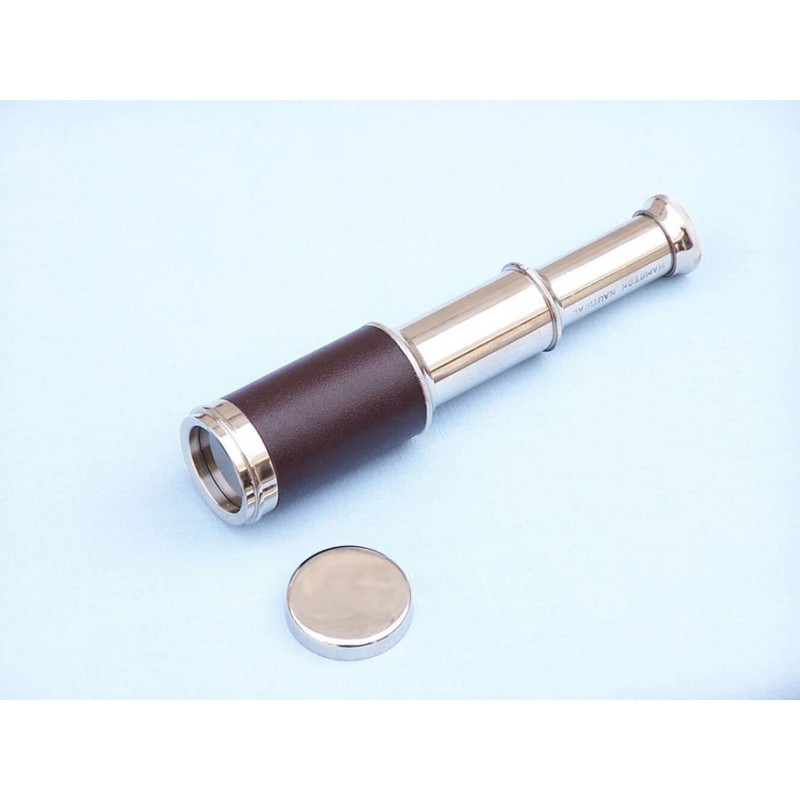 Hampton Nautical Scout's Chrome/Leather Spyglass Telescope with Black Rosewood Box,