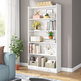 LITTLE TREE 72 Inch Tall Bookcase, Freestanding 6-Tier Library Bookshelf with Closed Shelves, Large Open Bookcases Organizer Wooden Display Shelving Unit for Bedroom Living Room Office, White