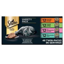 Sheba Perfect Portions Wet Cat Food Cuts in Gravy, Roasted Chicken Entree, Tender Turkey Entree, with Sustainable Salmon, and with Sustainable Tuna, 2.6 oz. Twin-Pack Trays (24 Count, 48 Servings)