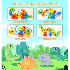 QULEWUU Wooden Toddler Puzzles for Kids Ages 3-5, Wooden Puzzles for Toddler, Montessori Toys for 3 Year Old Boys and Girls, 3-Pack Dinosaur Puzzles and 1-Pack Animal Wooden Puzzle