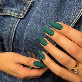 48Pcs Matte Dark Green Press on Nails Almond Fake Nails Glue on Nails Medium Length Almond Shaped Nails Press ons, Stiletto False Nails for Women, Medium Almond Nails, Thick Natural Acrylic Gel Nails