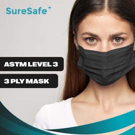 SureSafe 50 PCS ASTM Level-3 Masks Disposable, Black face mask, Medical mask, Disposable Masks with Earloops, dust mask