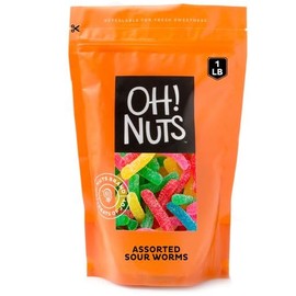 Oh! Nuts Assorted Sour Gummy Worms: Resealable 1 lb Bulk Bag | Rainbow | Gummy | Candies | All Occasion | Birthday Parties Bulk Candy | Kids | Adults | Bite Size | Assortment Flavors of Cherry, Apple, Watermelon, Raspberry and Tangerine.