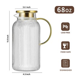 Buaic 2 PACK Glass Pitcher with Lid, 68 oz/ 2 Liter Classic Vertical Stripes Water Pitcher with Yellow Handle,Glass Water Carafe for Cold Brew, Coffee, Lemonade, Iced Sun Tea,Beverage,Heat Resistant