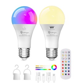 TobeBright E26 Rechargeable Light Bulb with Remote Control,Battery Light Bulb,RGB Color Changing & 3 Color Temperature,Dimmable Bulb with Timer Function for Wireless Table Lamps,2 Pack(4.86" Long)