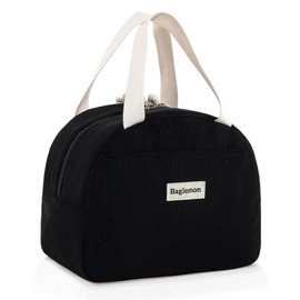 GODWOODS Corduroy Lunch Bag with Cotton Webbing Handles - 6.65L Thermal Insulated Food Tote, Leakproof Reusable Meal Prep Container for Office, Picnics & Travel (25x14x19cm) (Black)