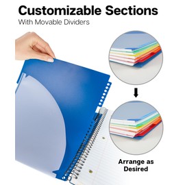 Dunwell 5-Subject Spiral Notebook, College Ruled (Blue), Colorful Movable Pocket Dividers with Tabs, Front/Back Plastic Covers, 200 Sheets (400 Pages) of 3-Hole Punch Perforated 8.5x11 Paper