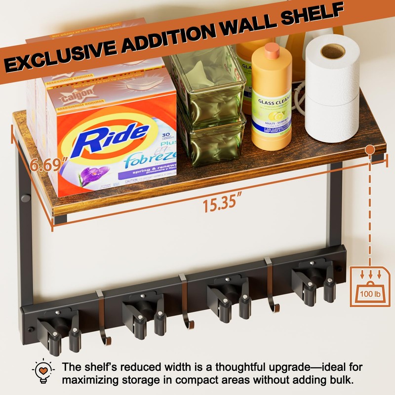 Broom Holder Wall Mount with Cleaning Supplies Organizer, Laundry Room