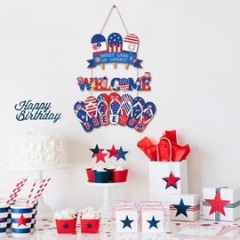 HOURIA 4th of July Door Sign,Independence Day Patriotic Door Hanger, Red with Blue Sweet Land of Liberty Door Decor, Colorful Ice Cream Flip Flops Summer Welcome Door Decor for Party Front Door Farmhouse