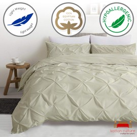 Kotton Culture Pinch Pleated 3 Piece Duvet Cover Set 100% Egyptian Cotton 600 Thread Count with Zipper & Corner Ties Tufted Pattern Decorative (Queen/Full, Ivory)