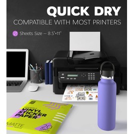 Premium Printable Vinyl Sticker Paper for Inkjet Printer and Laser - 20 White Matte Sticker Paper Waterproof - Durability Adhesive Paper 8.5 x 11, Fast Dry, Holds Ink Well, Great for Cutting Machines