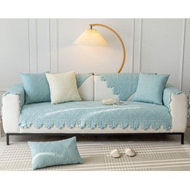 vctops Farmhouse 100% Cotton Quilted Couch Cover Floral Embroidered Sofa Cover Non-Slip Soft Sofa Slipcover Washable Furniture Protector (Blue,43"x43")