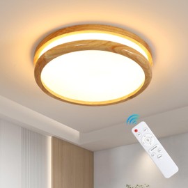 Pheashine LED Ceiling Light Wooden Ceiling Light Dimmable with Remote Control, 3000 K - 6500 K 24 W Round Ceiling Light LED Wood Lamp for Living Room, Bedroom, Office