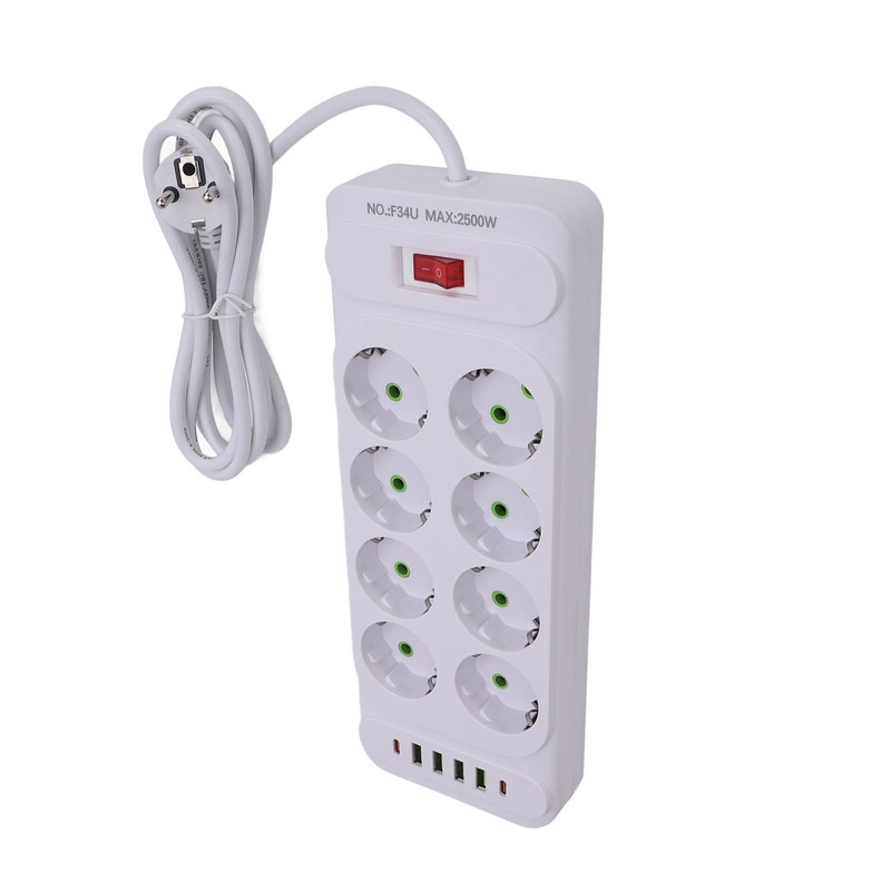 8 Way Power Strip USB C European Socket Desk Wall